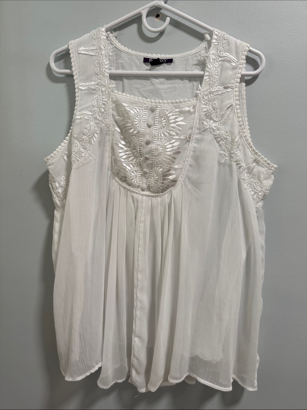 Roaman's White Embroidered Pleated Sleeveless Camisole Top